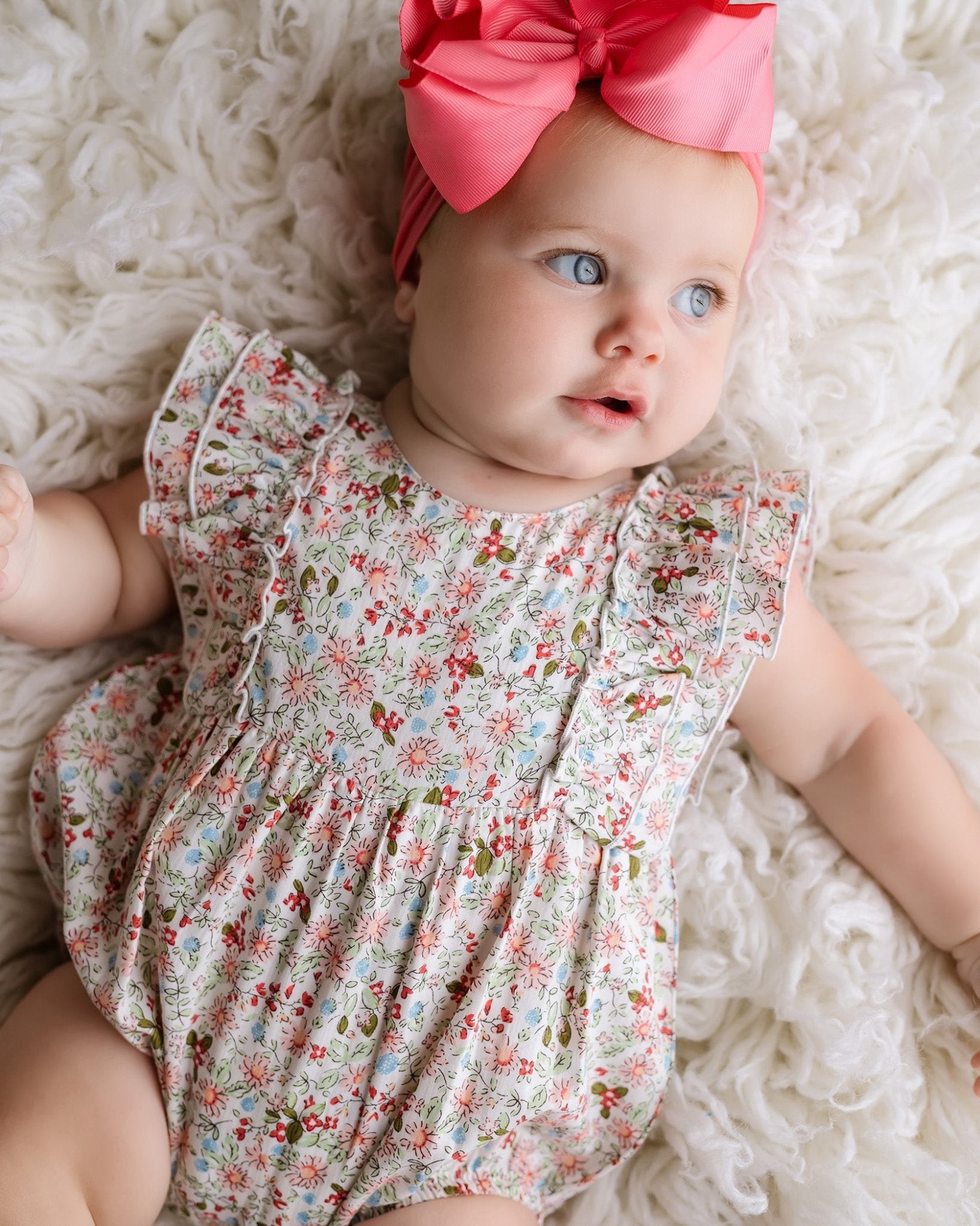 Baby Girl Bubble Romper – Selena Red Floral Ruffle - Blissfully Lavender BoutiqueCuclie