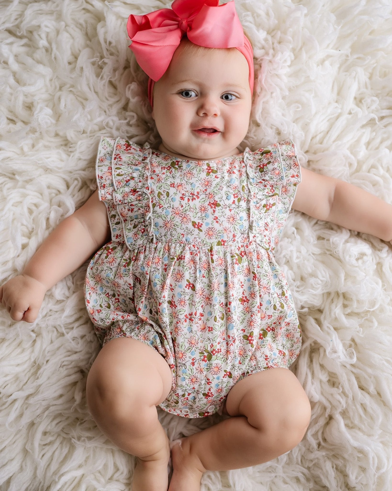 Baby Girl Bubble Romper – Selena Red Floral Ruffle - Blissfully Lavender BoutiqueCuclie