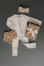 Baby Taupe Checkered Bamboo Zipper Pajama - Blissfully Lavender BoutiqueMebie Baby