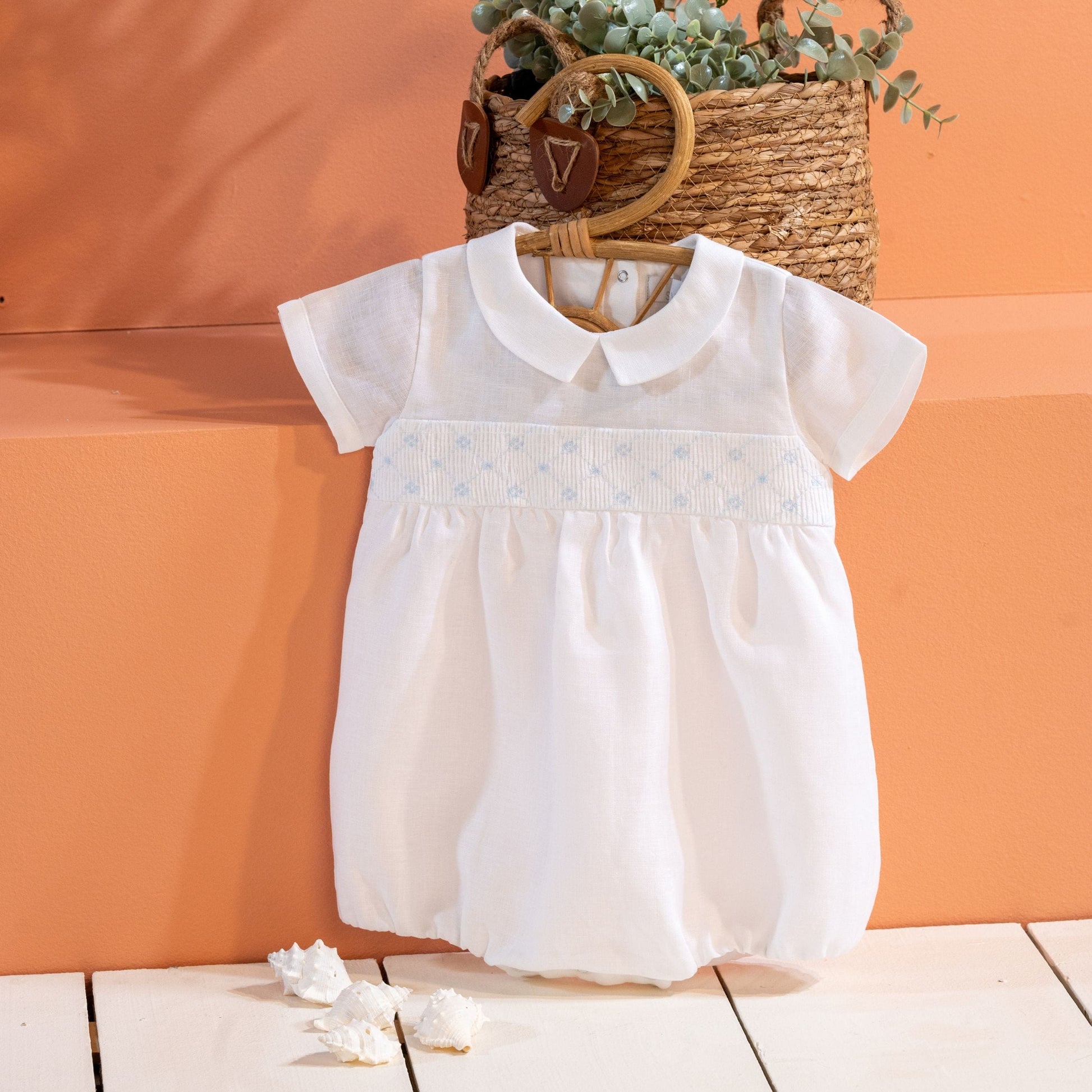 BADIE | Baby Boys White & Blue Cotton & Linen Shortie