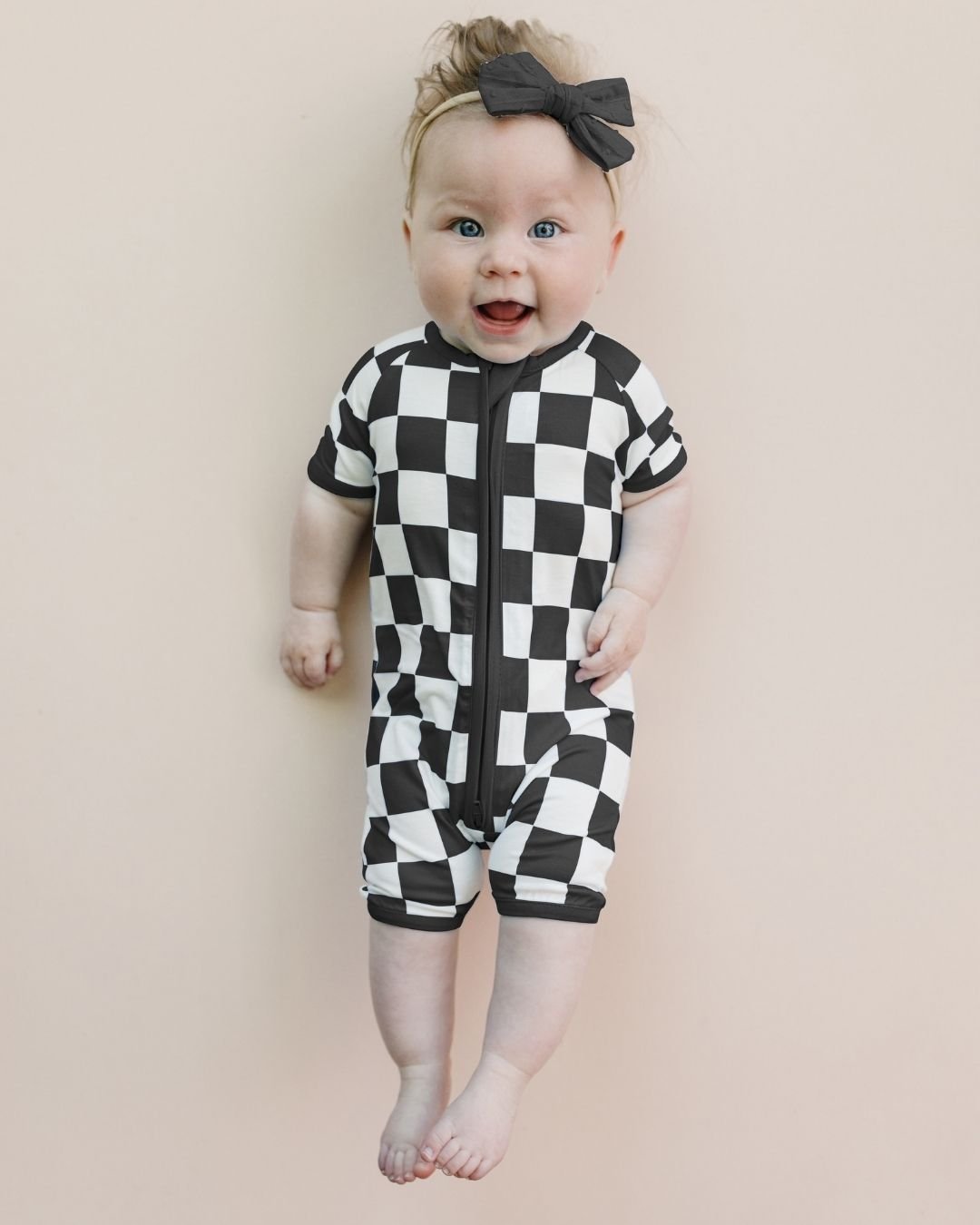 Black Checkered Bamboo Shorty Baby Romper