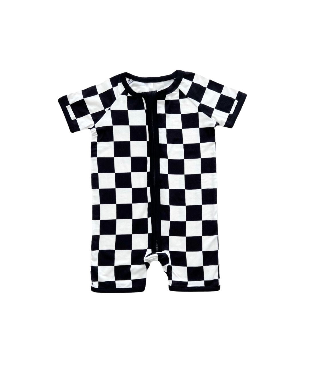 Black Checkered Bamboo Shorty Baby Romper