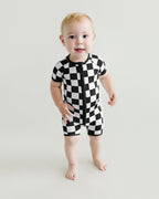 Black Checkered Bamboo Shorty Baby Romper