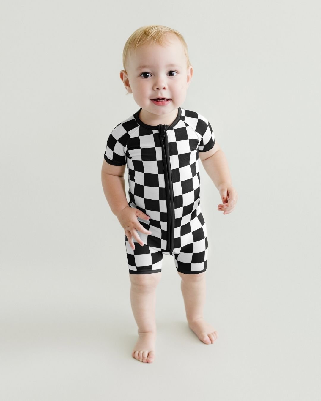 Black Checkered Bamboo Shorty Baby Romper