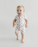 Latte Checkered Bamboo Shorty Baby Romper