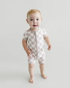 Latte Checkered Bamboo Shorty Baby Romper