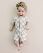 Latte Checkered Bamboo Shorty Baby Romper