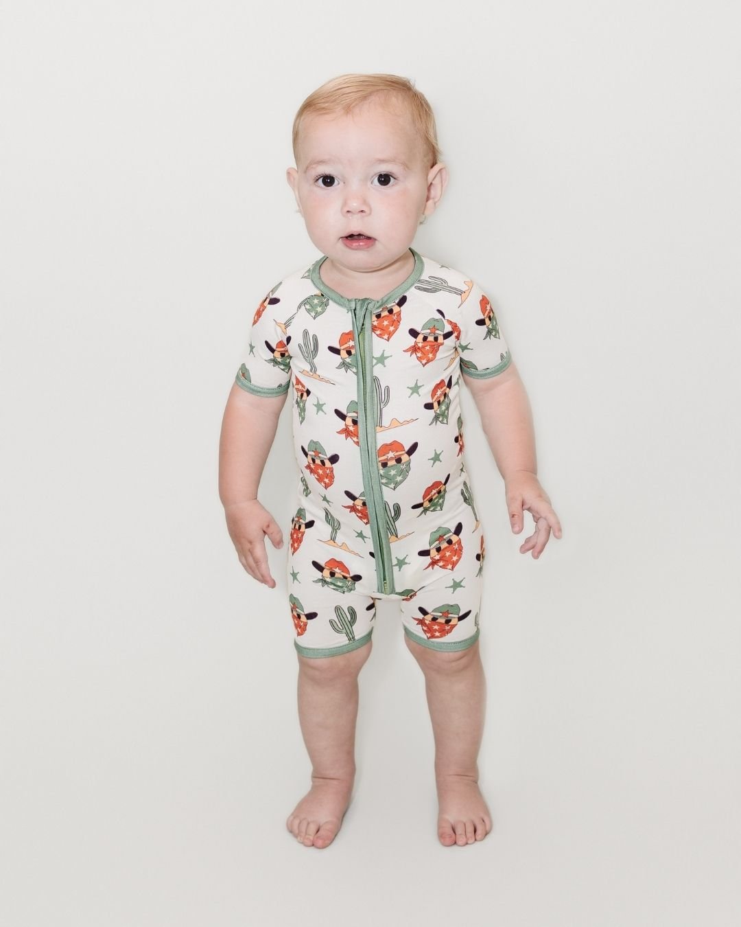 Baby Boy Smiley Cowboy Bamboo Shorty Romper
