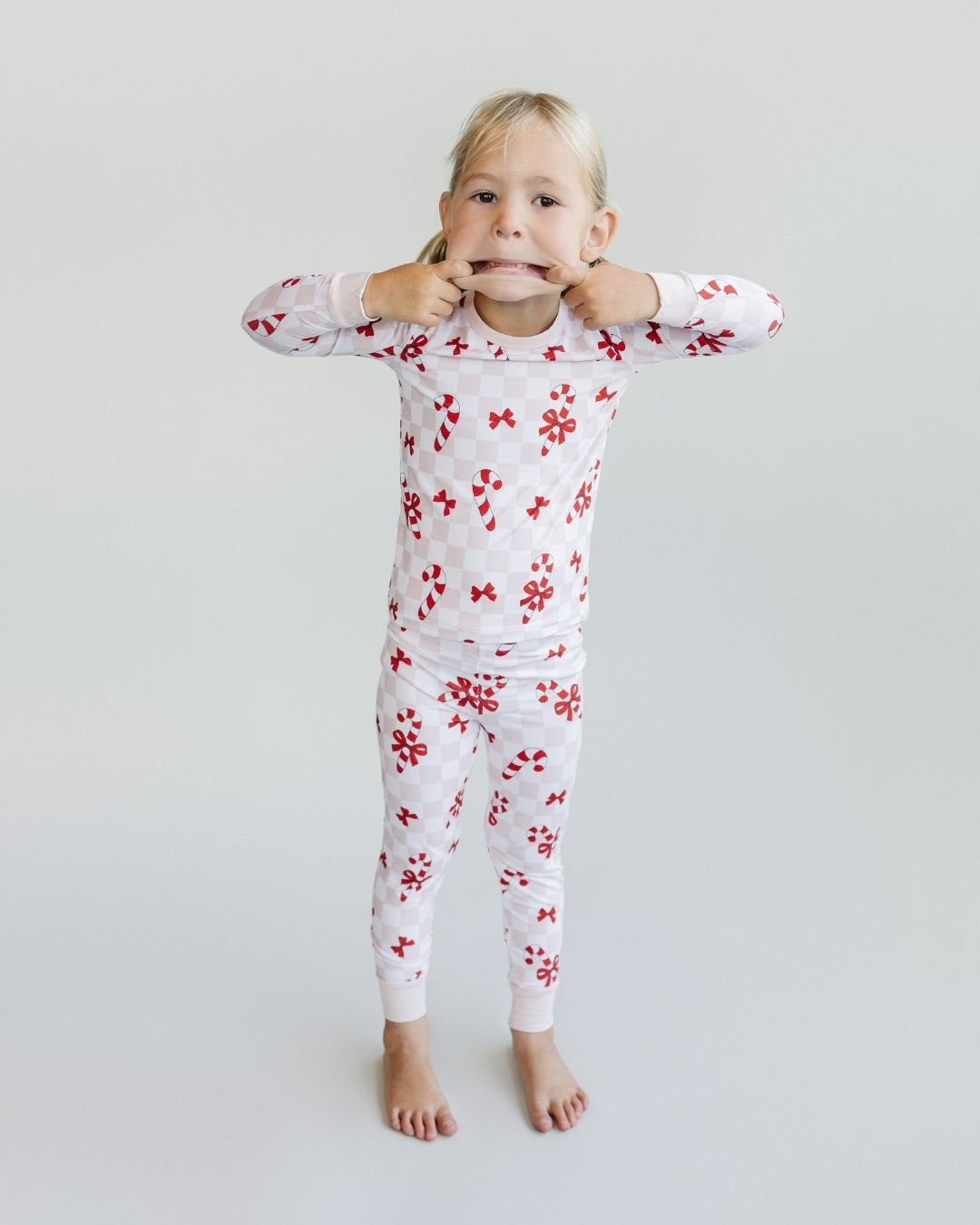 Girls Bamboo Two Piece Set | Bows & Candy Cane