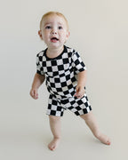 Black Checkered Bamboo Two Piece Pajama Shorts Set