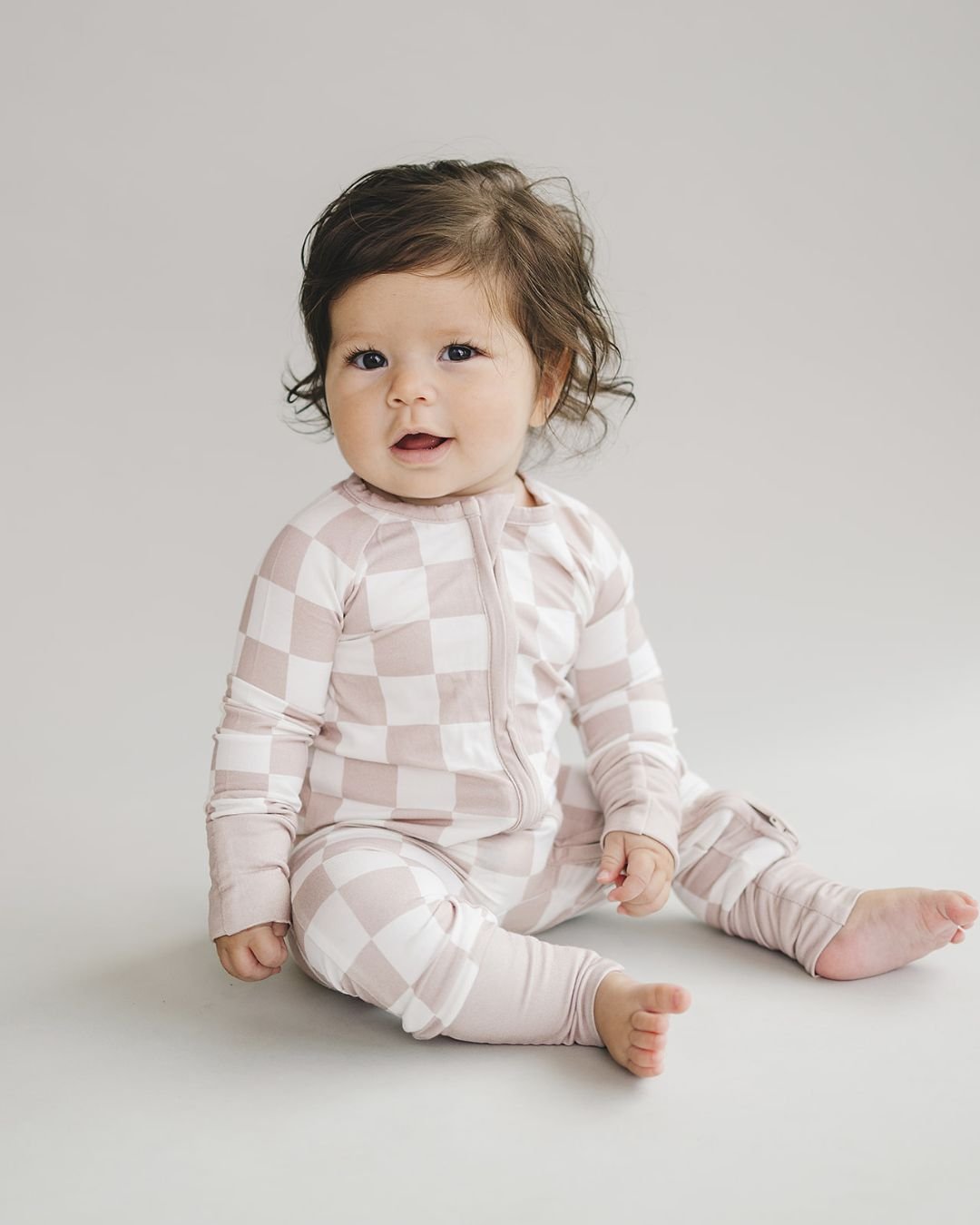 Latte Checkered Bamboo Zip Baby Jumpsuit