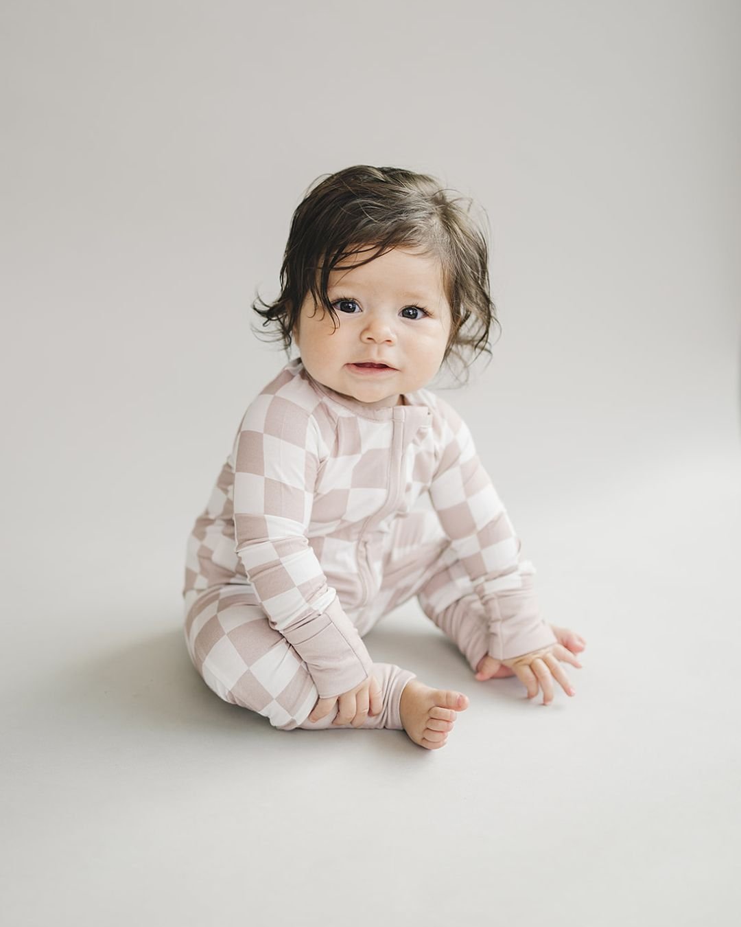 Latte Checkered Bamboo Zip Baby Jumpsuit