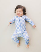 Blue Checkered Bamboo Zip Baby Romper