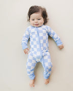 Blue Checkered Bamboo Zip Baby Romper