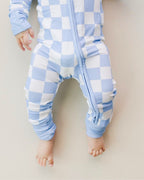 Blue Checkered Bamboo Zip Baby Romper