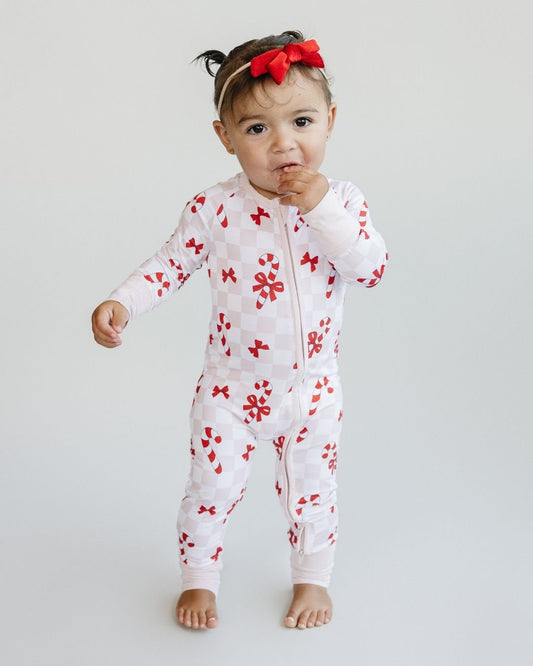 Baby Girl Bows & Candy Cane Bamboo Zip Pajama Romper