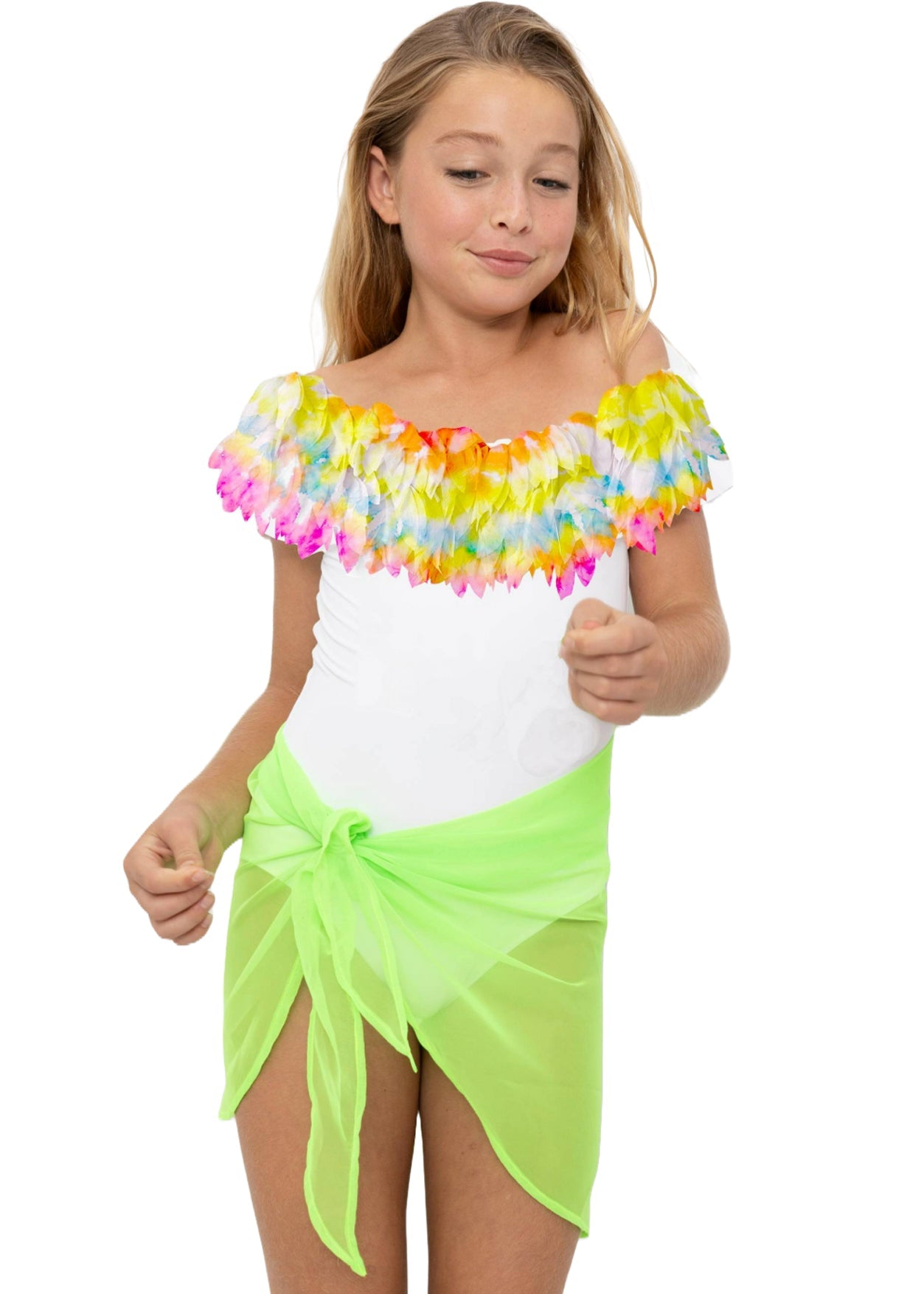 White Swimsuit with Chiffon Petal Ruffles