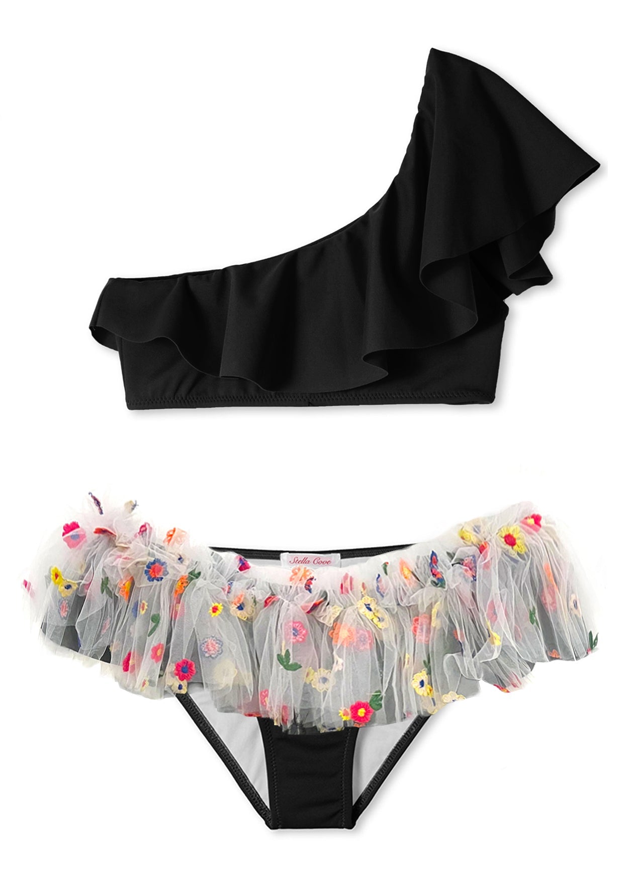 Floral Tulle One Shoulder Bikini Set