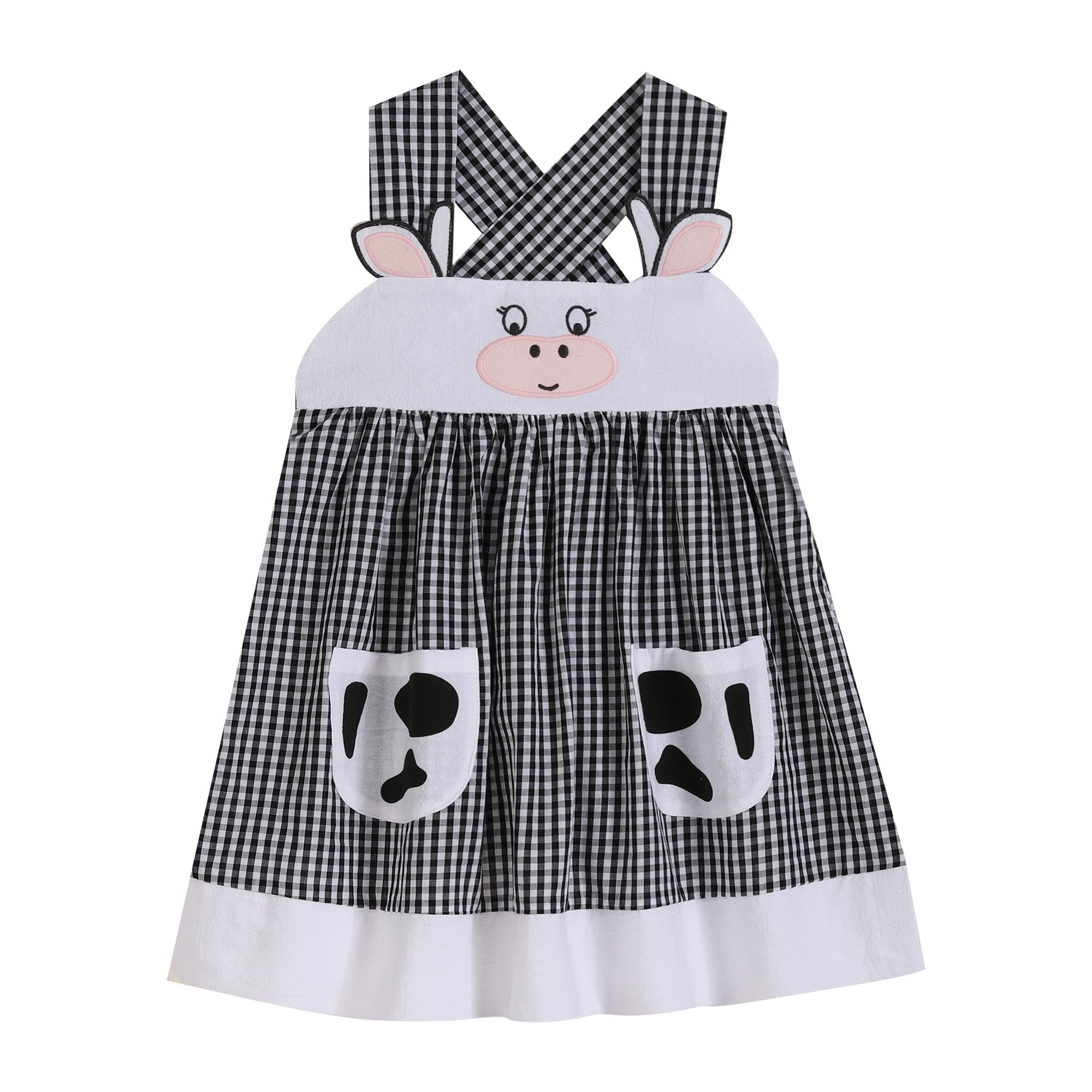 Black Gingham Cute Cow Pocket Dress
