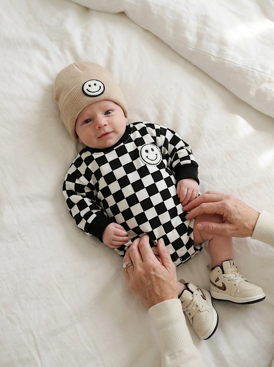 Bubble Romper | Checkered Smiley Black