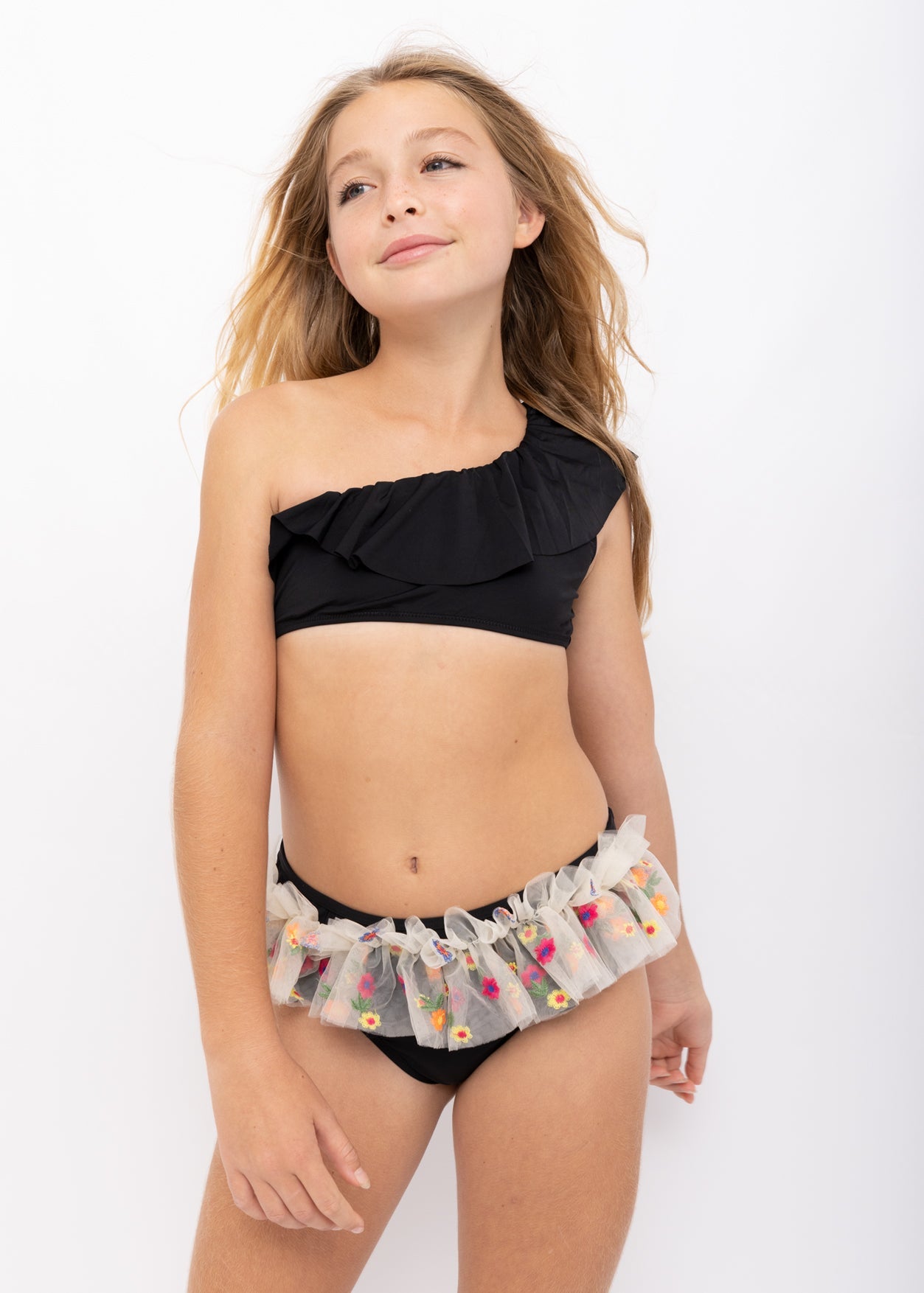 Floral Tulle One Shoulder Bikini Set