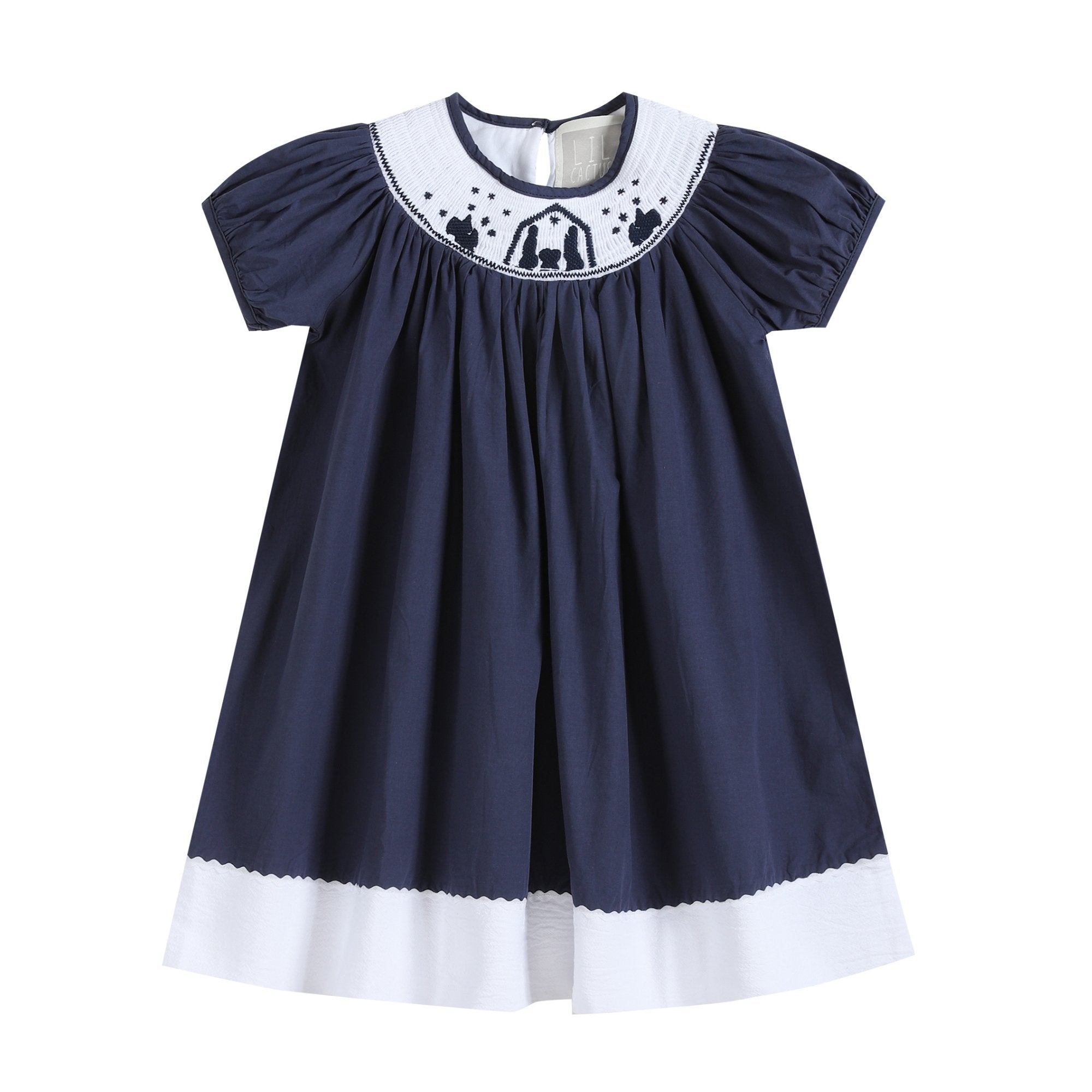 Blue and White Christmas Nativity Smocked Bishop Dress