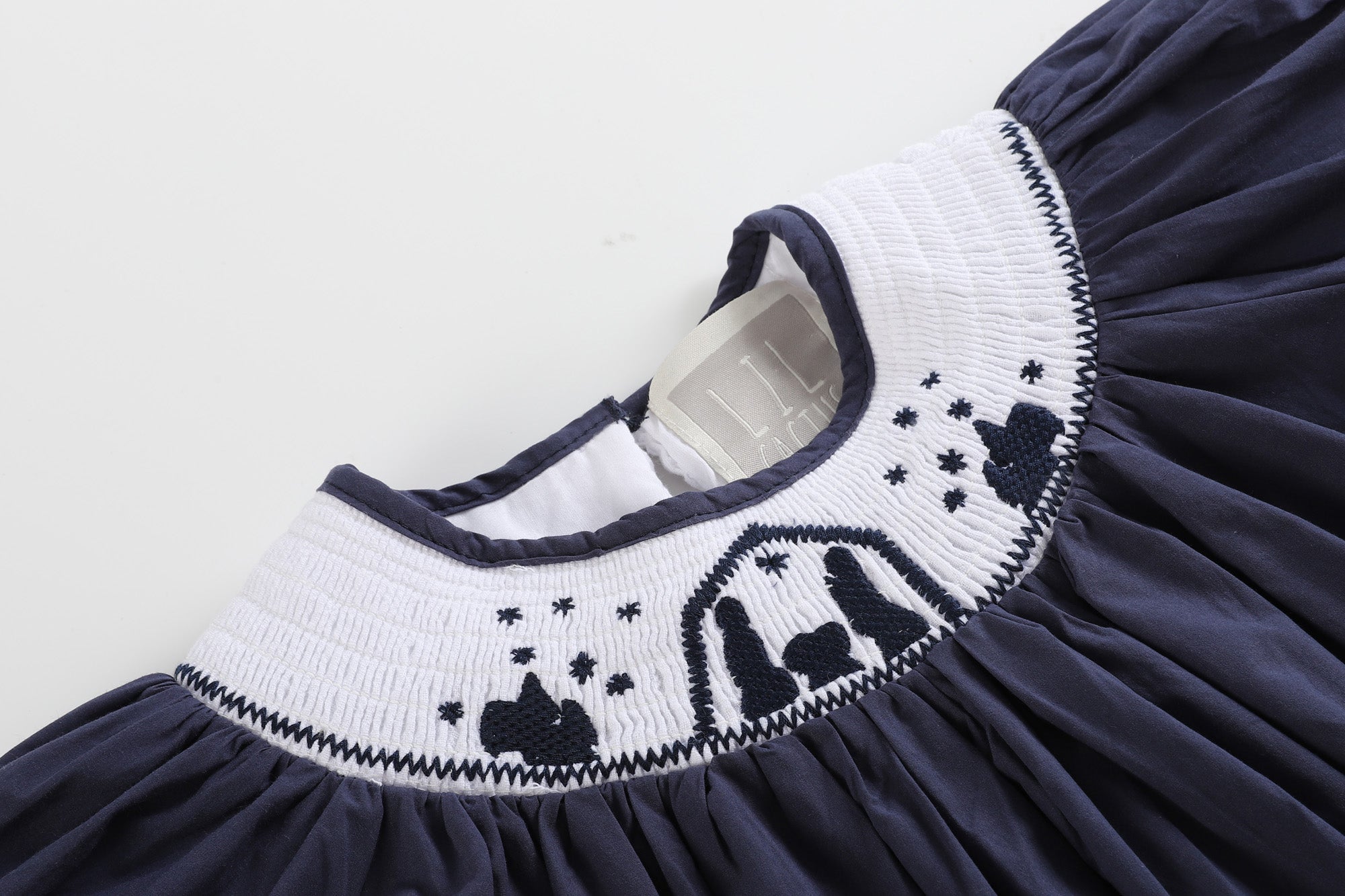 Blue and White Christmas Nativity Smocked Bishop Dress