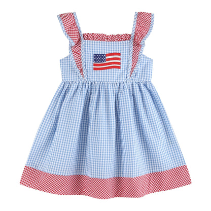 Girls Blue Gingham American Flag Ruffle Dress