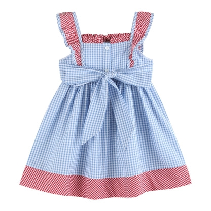 Girls Blue Gingham American Flag Ruffle Dress