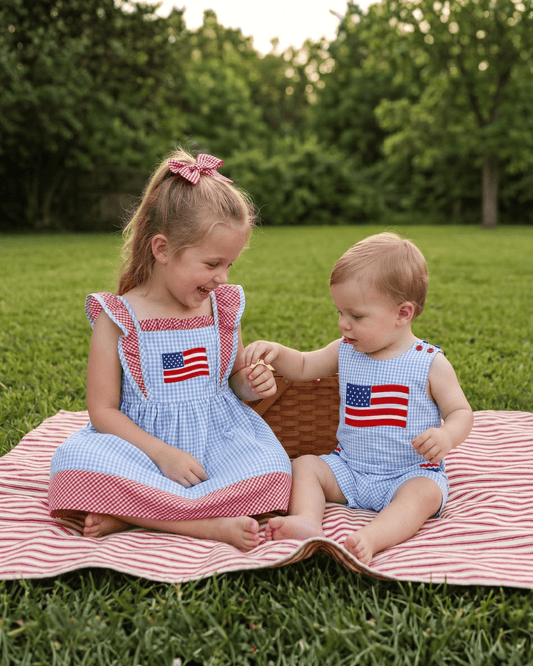 Blue Gingham American Flag Ruffle Dress