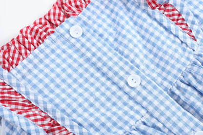 Girls Blue Gingham American Flag Ruffle Dress