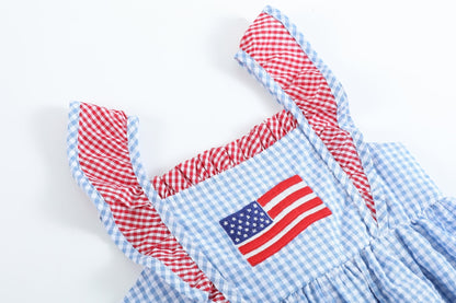 Girls Blue Gingham American Flag Ruffle Dress