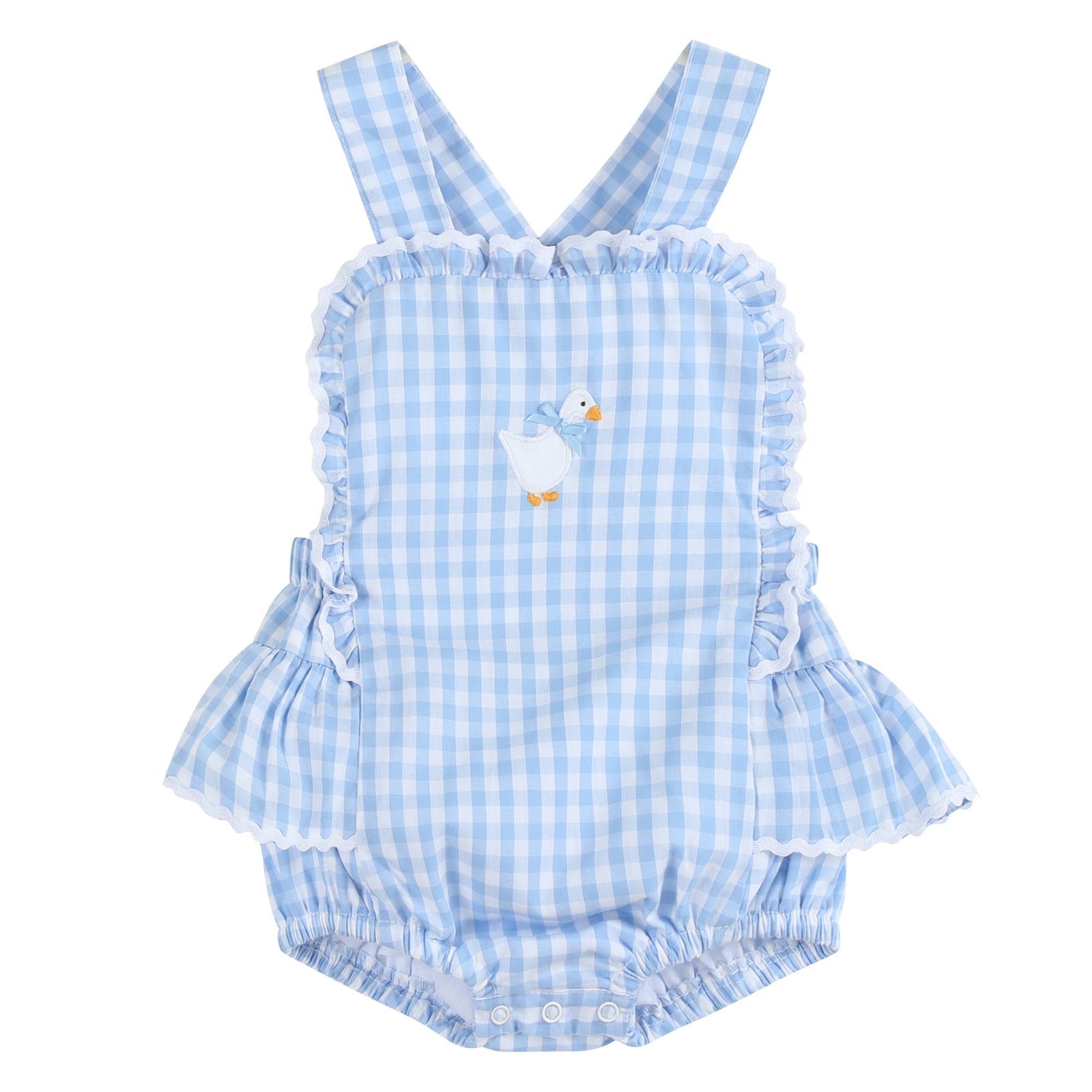 Blue Gingham Goose Lace Bow Ruffle Romper - Blissfully Lavender BoutiqueLil Cactus