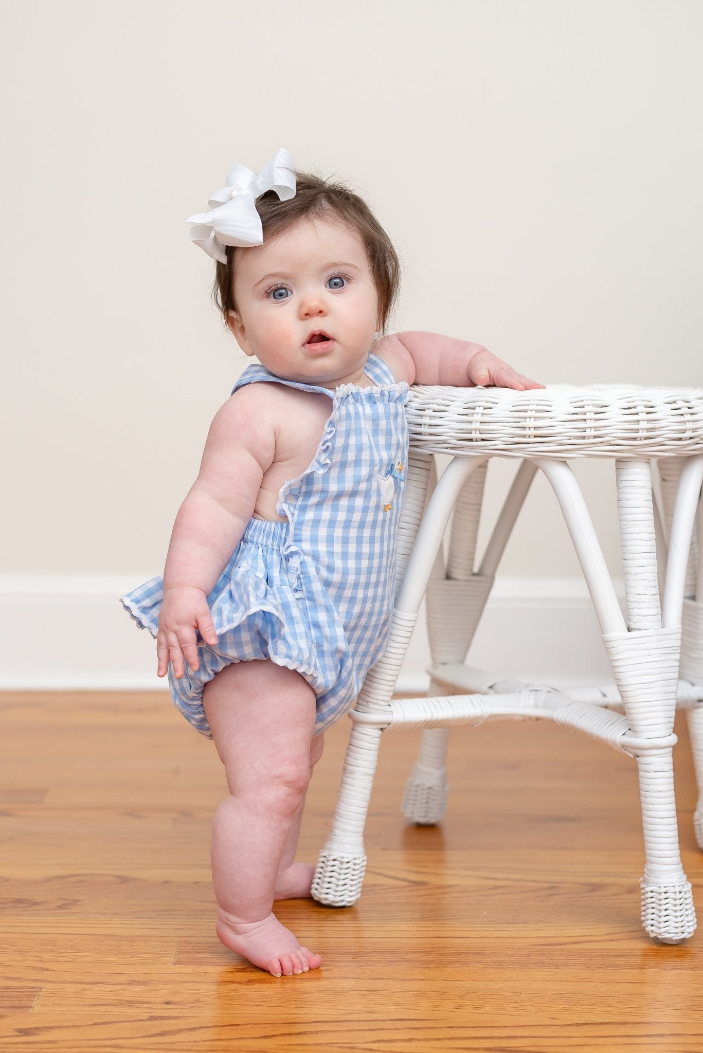 Blue Gingham Goose Lace Bow Ruffle Romper - Blissfully Lavender BoutiqueLil Cactus