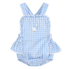 Blue Gingham Goose Lace Bow Ruffle Romper - Blissfully Lavender BoutiqueLil Cactus