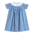 Blue Gingham Pumpkin Smocked Ruffle Bishop Dress