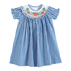 Blue Gingham Pumpkin Smocked Ruffle Bishop Dress