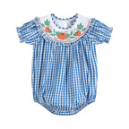 Blue Gingham Pumpkin Smocked Ruffle Romper