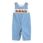Blue Gingham Pumpkin Train Smocked Overalls