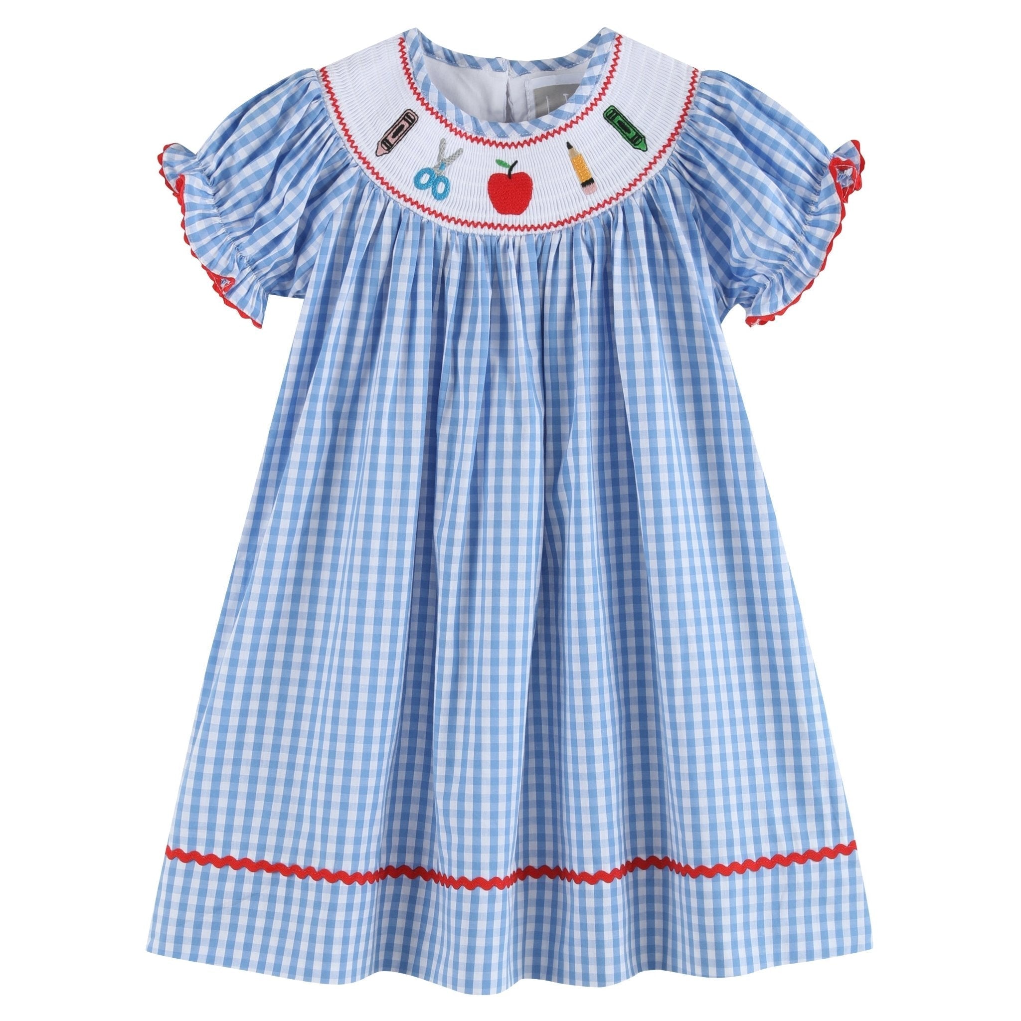 Blue Gingham School Supplies Smocked Bishop Dress - Blissfully Lavender BoutiqueLil Cactus