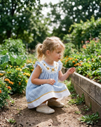 Blue Gingham Sunflower Smocked Bishop Dress