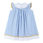 Blue Gingham Sunflower Smocked Bishop Dress