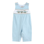 Blue Gingham Train Smocked Overalls
