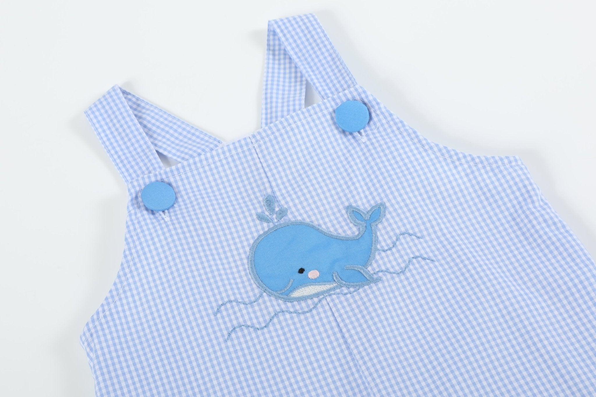Blue Gingham Whale Overall Shortalls