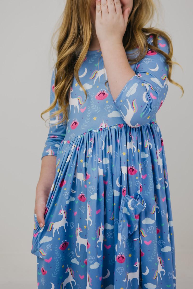 Blue Moon 3/4 Sleeve Pocket Twirl Dress - Blissfully Lavender BoutiqueMila & Rose ®
