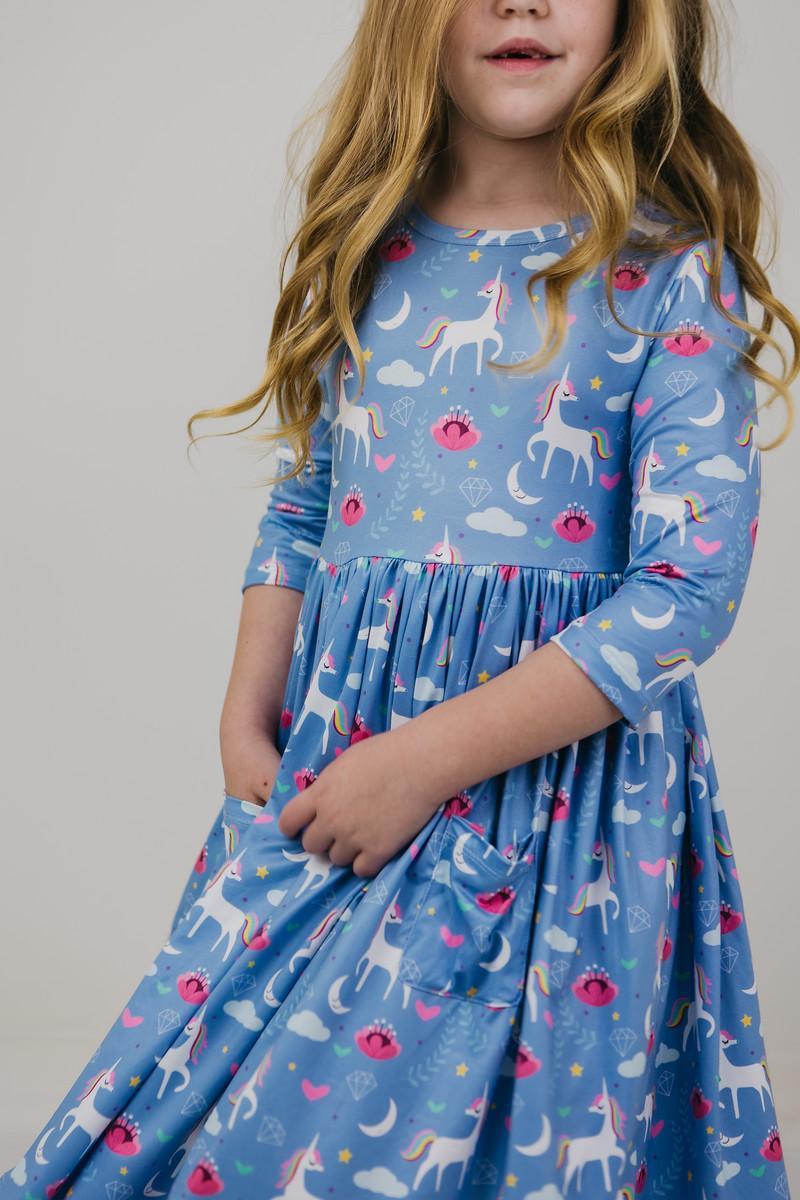 Blue Moon 3/4 Sleeve Pocket Twirl Dress - Blissfully Lavender BoutiqueMila & Rose ®