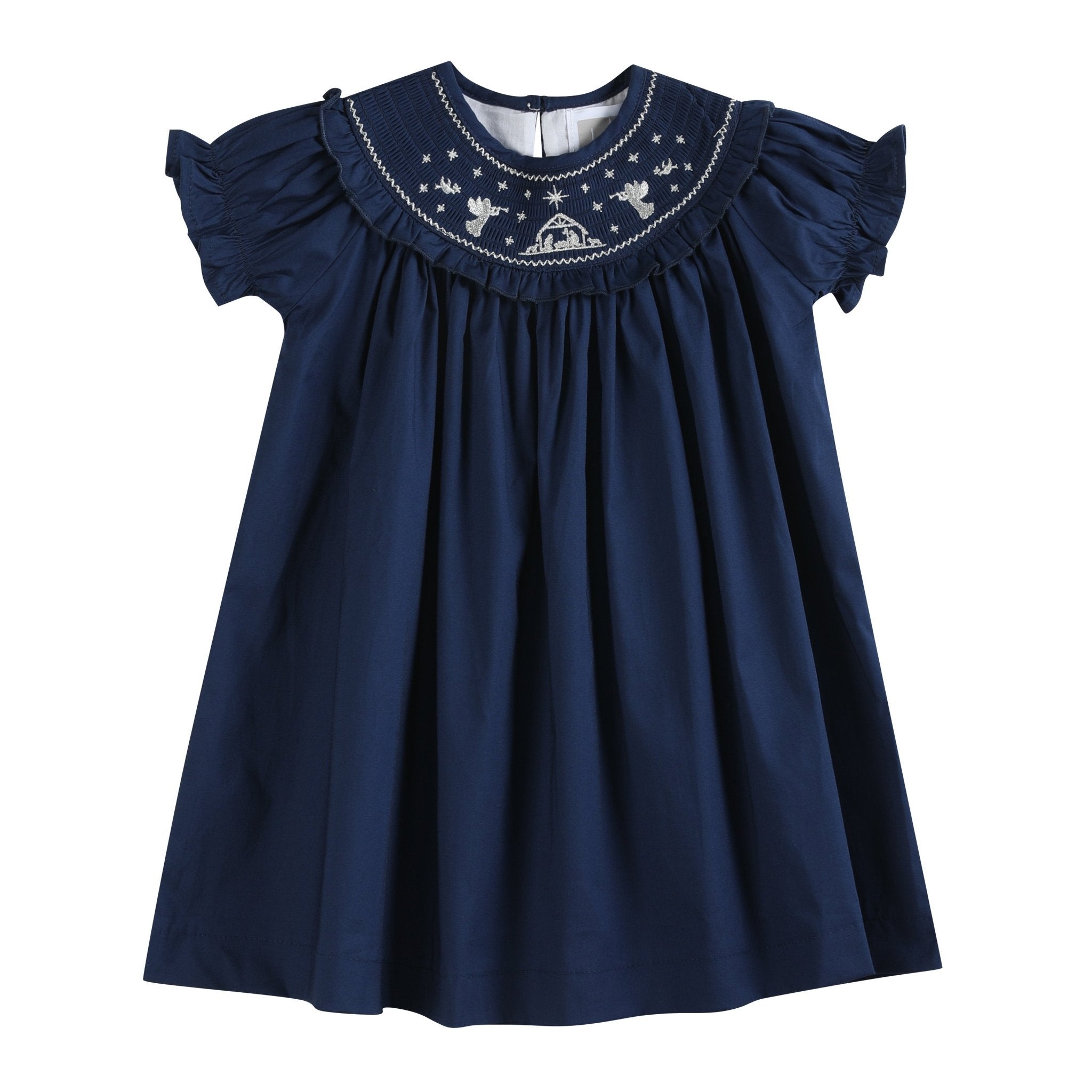 Blue Nativity Smocked Ruffle Bishop Dress