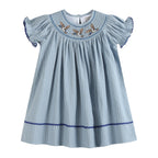 Blue Pinstripe Mallard Duck Smocked Bishop Dress
