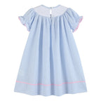 Blue Seersucker Bow Smocked Bishop Dress