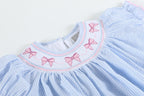 Blue Seersucker Bow Smocked Bishop Dress
